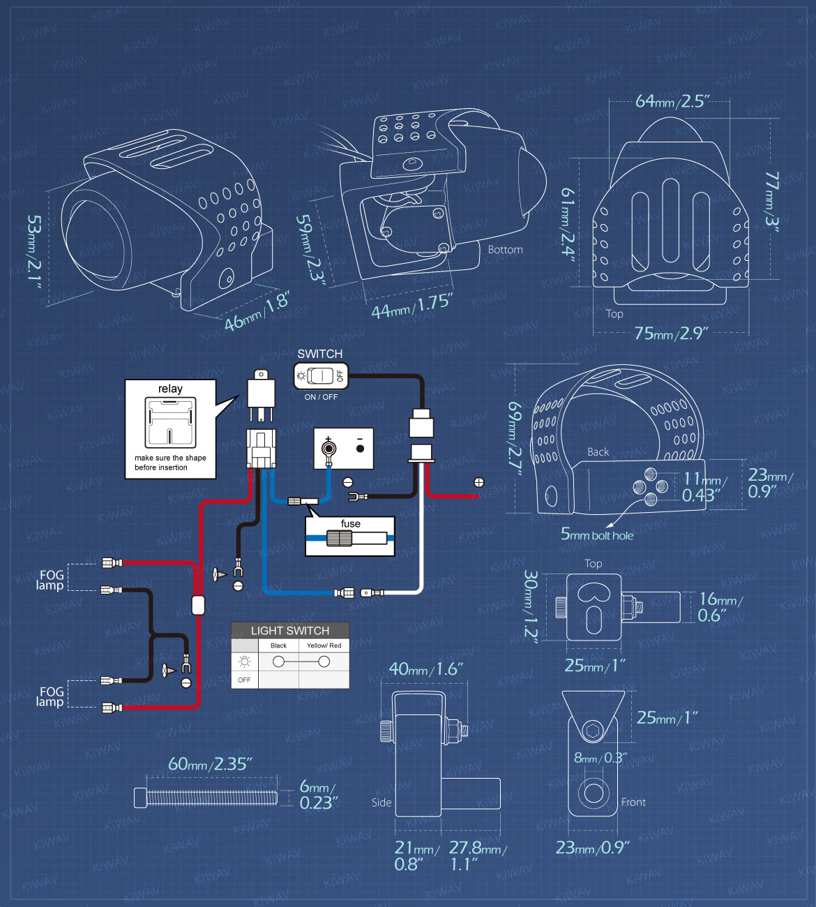 Measurement of KiWAV motorcycle 12V 55W fisheye round fog light with wiring kits