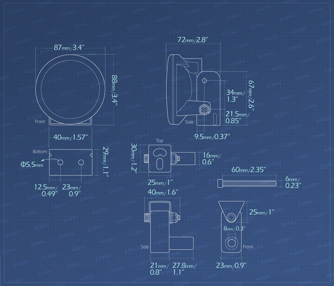 Measurement of KiWAV motorcycle 3.4 inches 12V 55W round fog lights