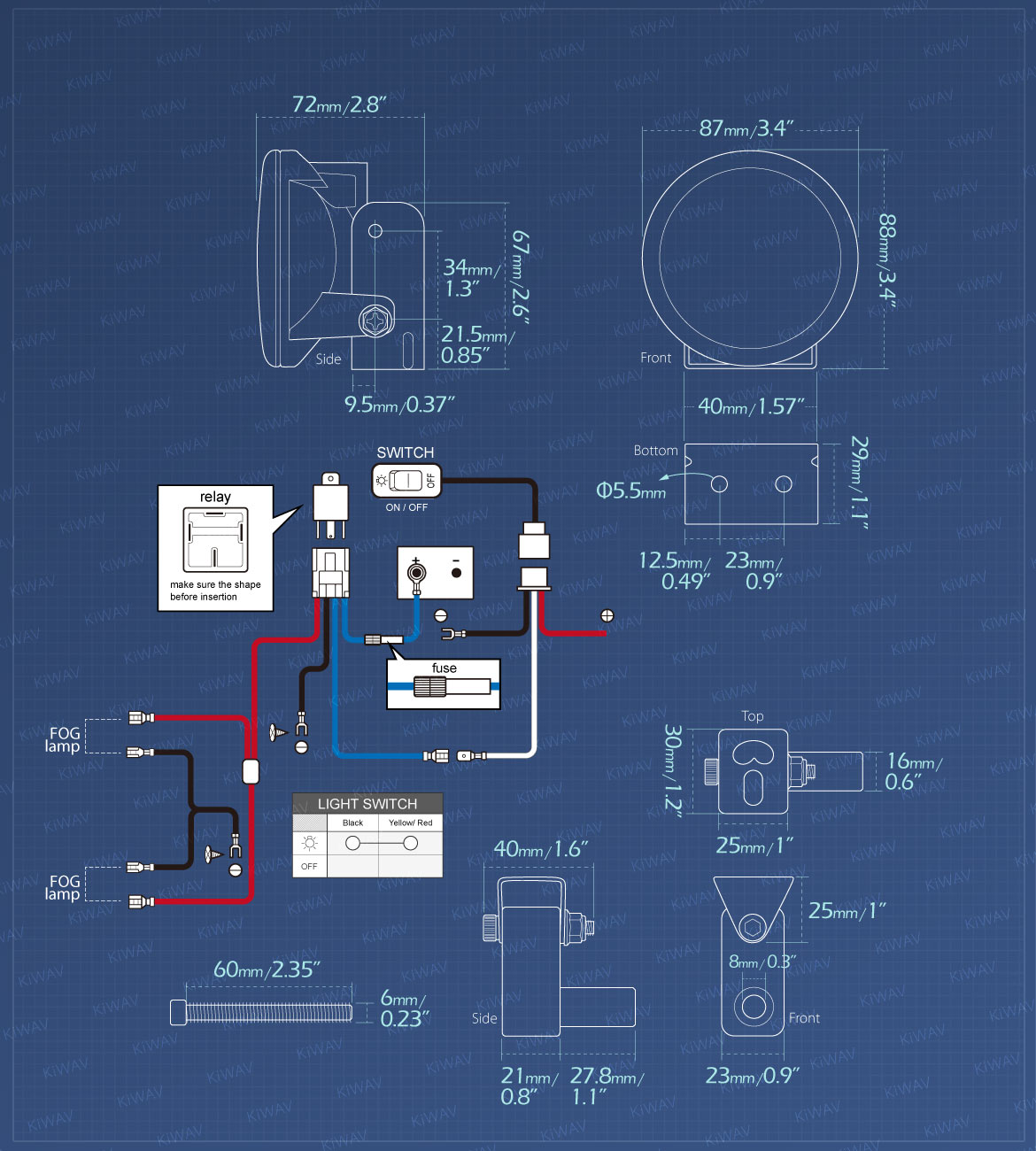 Measurement of KiWAV motorcycle 3.4 inches 12V 55W round fog lights with wiring kits