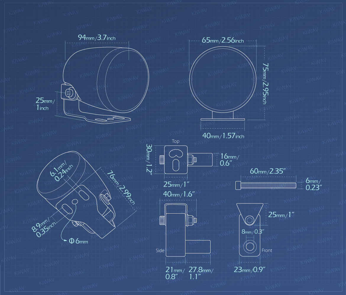 Measurement of KiWAV motorcycle 2.5 inch 12V 55W round fog lights