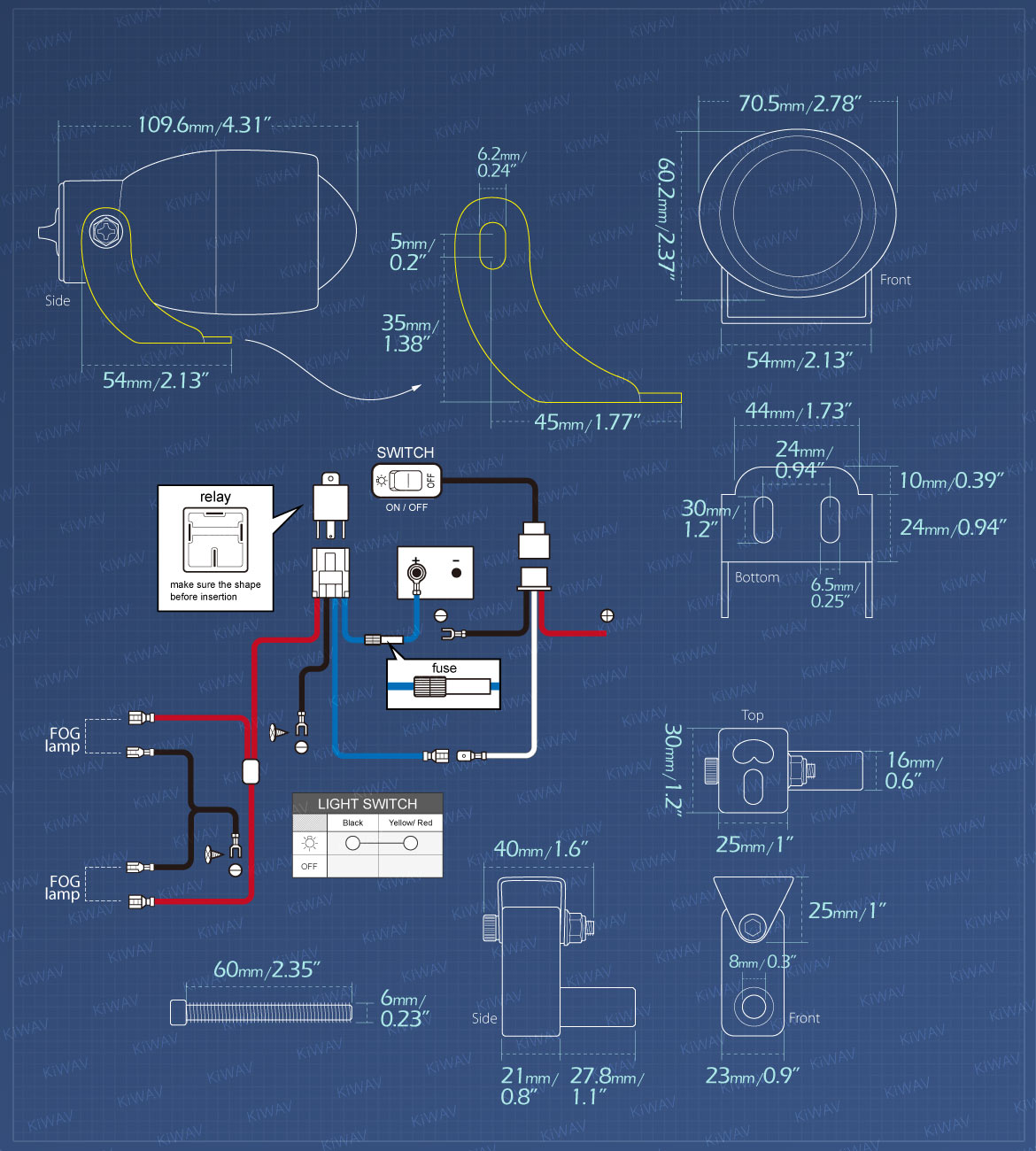 Measurement of KiWAV motorcycle 1.9 inches 12V 55W round fisheye fog lights with wiring kits