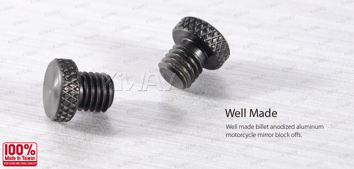 KiWAV motorcycle aluminum mirror hole block-offs black for standard M8 metric thread bike