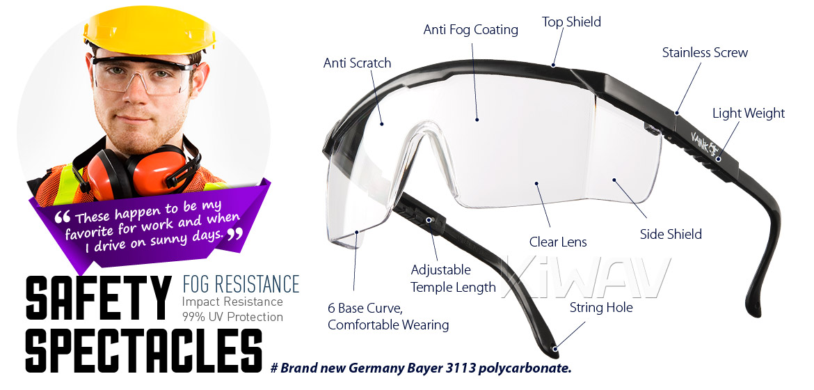 KiWAV Contemporary safety glasses VA200 black frame clear lens