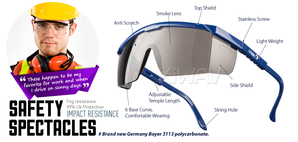 KiWAV Contemporary safety glasses VA200 blue frame smoke lens