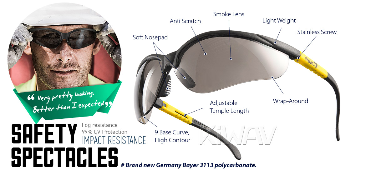 KiWAV Contemporary safety glasses VA210 black frame smoke lens