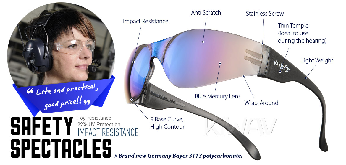 KiWAV Contemporary safety glasses VA780 black frame blue mercury lens