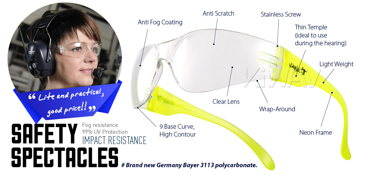 KiWAV Contemporary safety glasses VA780 neon yellow frame clear lens