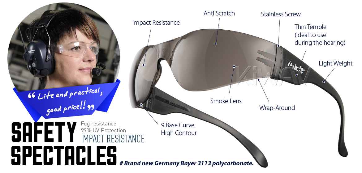 KiWAV Contemporary safety glasses VA780 black frame smoke lens