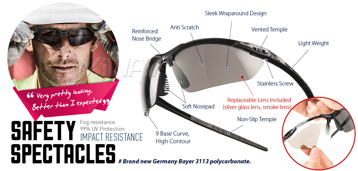 KiWAV Contemporary safety glasses VA830 black frame replaceable lens